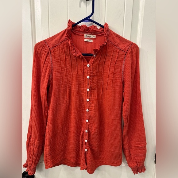 Faherty Willa Red Button Down Organic Cotton Ruffle Trim Blouse Size XS - Picture 6 of 7